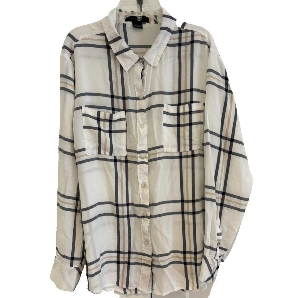 Sanctuary Shirt Women's Medium Boyfriend Long Sleeve Pockets Blue Tan Oversized